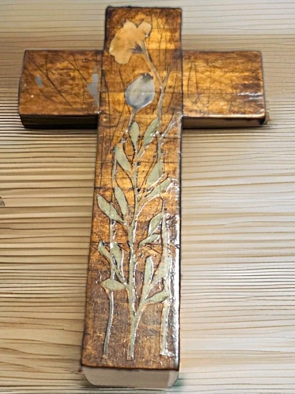 Handcrafted Decorative Wooden Cross with Floral Accent. 9 1/2 L X 5 1/2 W
